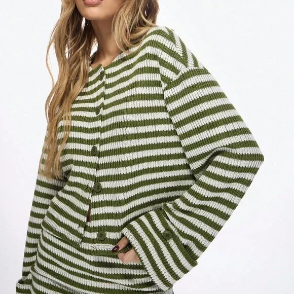 Casual Women's Army Green Striped Knit Button-Front Cardigan & Skirt Set - Picture 3 of 5